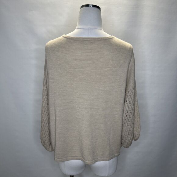 Garnet Hill Relaxed Fit Sweater Women’s Small Tan Pointelle Knit Balloon Sleeve - Picture 4 of 10